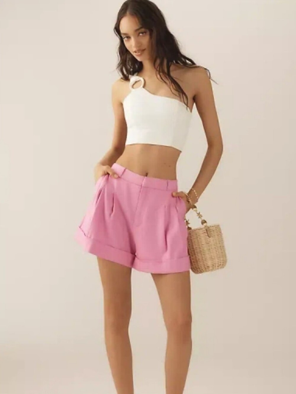 Anthropologie Maeve The Avery Cuffed Pleated Trouser Short Linen Blend Pink